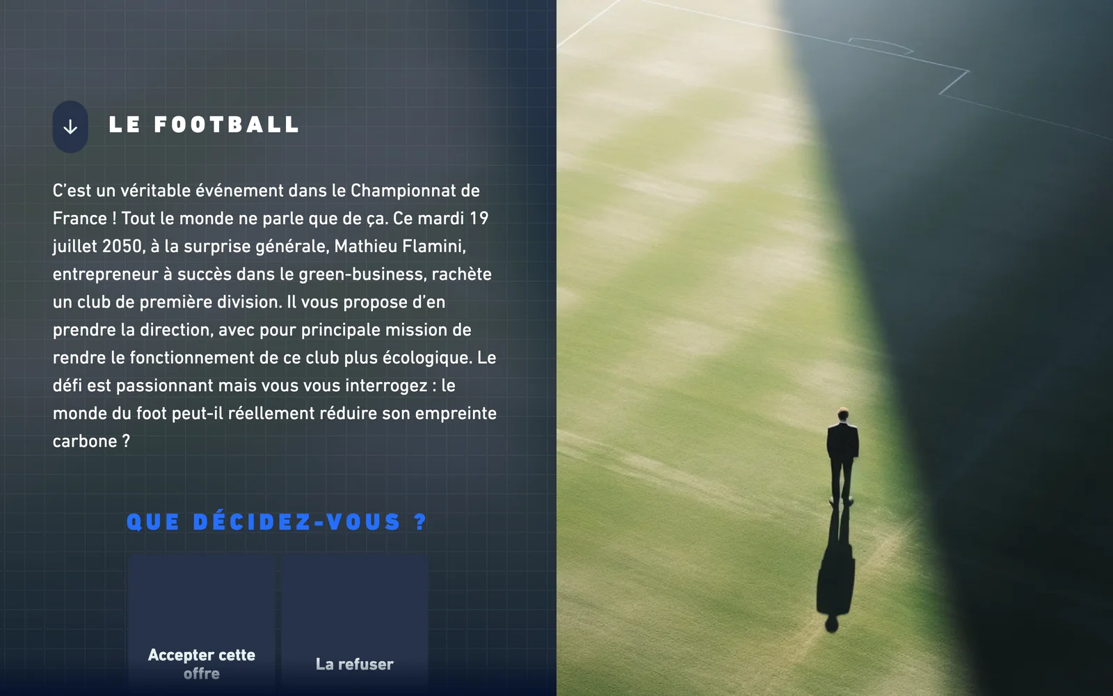 Explore 2050 game step: narrative and choices in the football world
