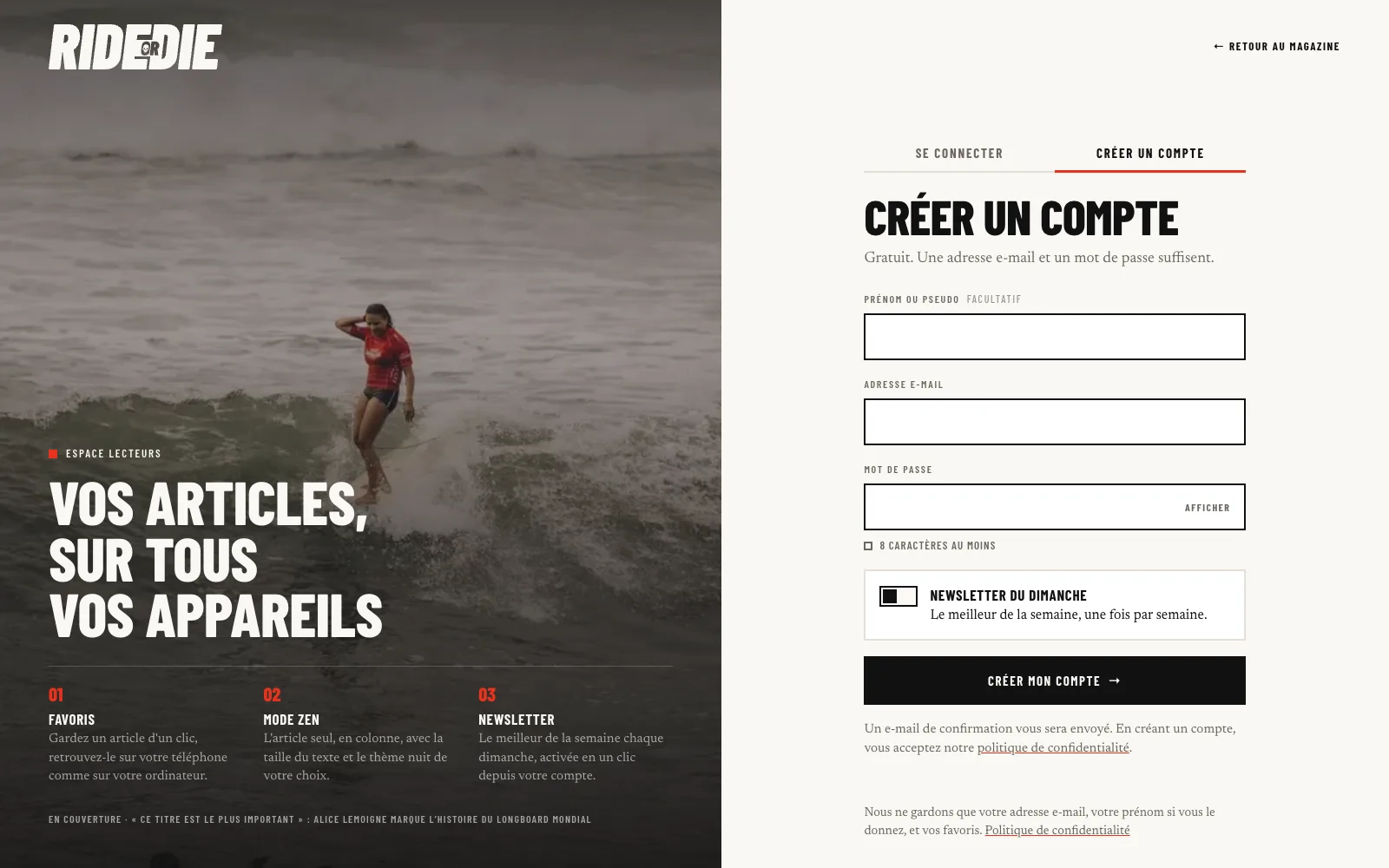 Création d'un compte lecteur sur Ride or Die : favoris, mode zen et newsletter
