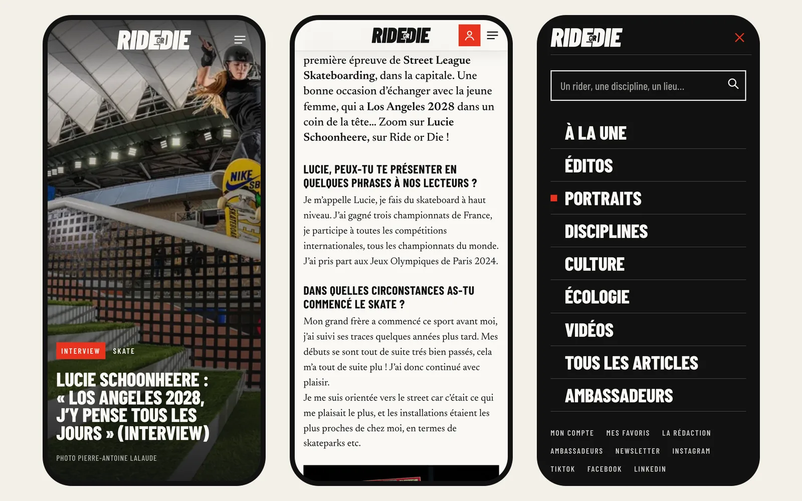 Trois écrans de Ride or Die sur téléphone : le haut d'une interview, son texte et le menu