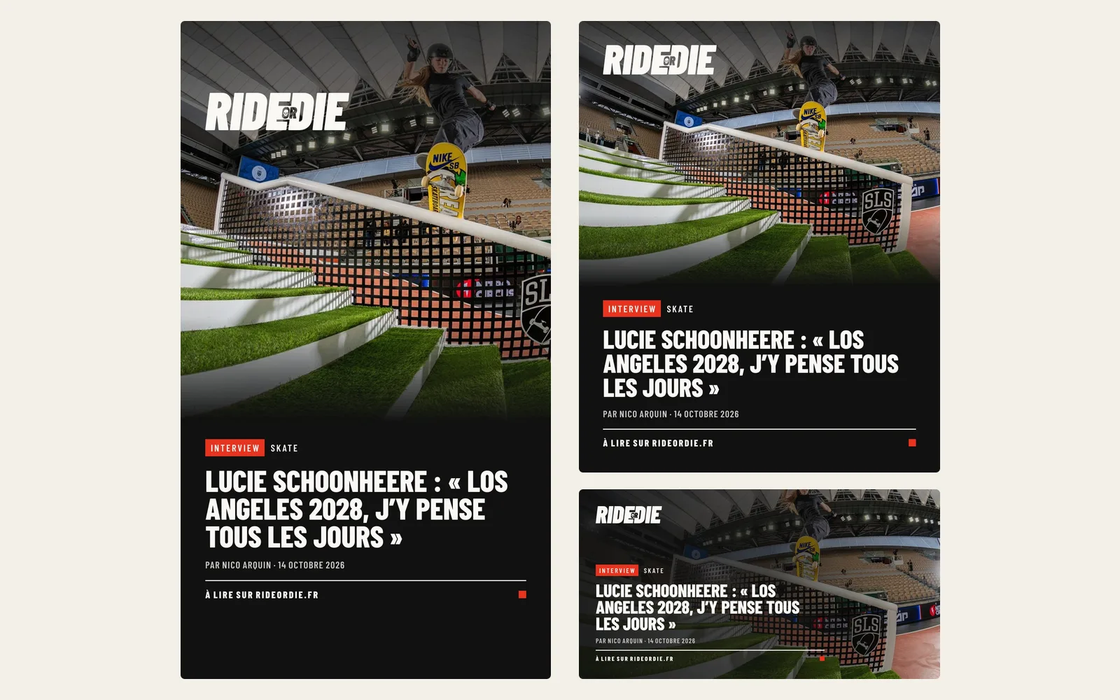 Visuels de partage générés pour une interview : story Instagram, publication et aperçu de lien