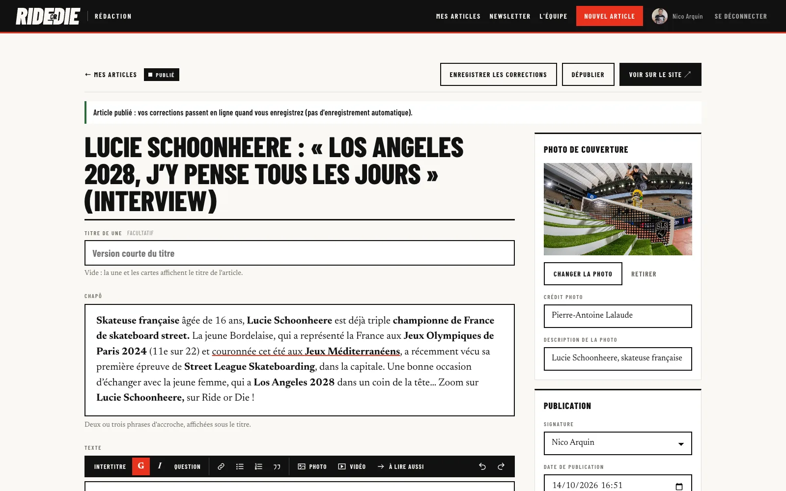 L'interview de Lucie Schoonheere ouverte dans l'outil de rédaction de Ride or Die