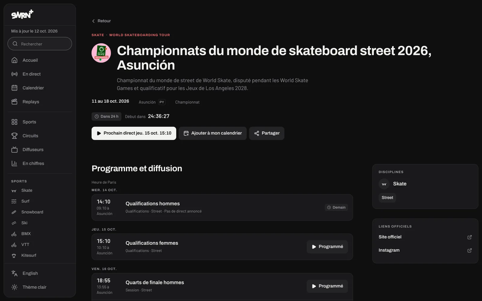 Fiche des Championnats du monde de skateboard street 2026 sur SWRN+